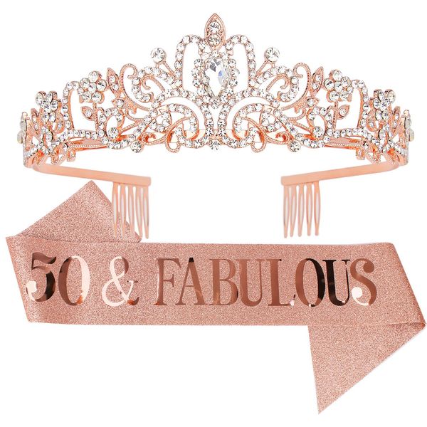 AOPRIE 50 Fabulous Birthday Crown Sash for Women Rose Gold Birthday Tiara for Girls 50th Birthday Gifts Decoration for Women Princess Crown Rhinestone Headband Happy Birthday Accessories