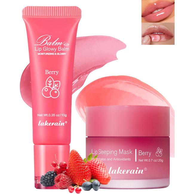 2Pcs Lip Glowy Balm & Lip Sleeping Mask Set,Hydrating Nourishing Repair Sleeping Lip Mask,Glossy Tinted Lip Balm,Day & Night Smooth Cracked Chapped Dry Lip,Lip Care Therapy Treatment for Women-02Berry