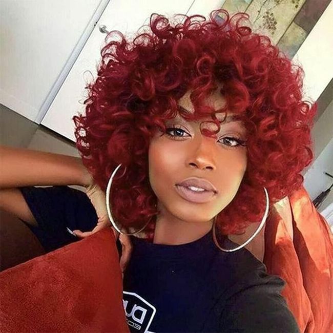 PORSMEER Afro Perücke Damen Synthetische große lockige Perücke mit Pony Natürliche Haar für Frauen Herren,Kurze Bob Perücken Rot für Halloween Cosplay Film Kostüm Perücke