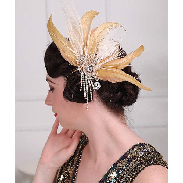 Aimimier 1920s Flapper Feather Hair Clip Crystal Tassel Roaring 20s Yellow Feather Headpiece Masquerade Great Gatsby Hair Accessories for Women and Girls