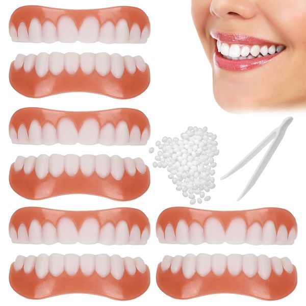 GROVL False Teeth Veneers Top and Bottom Instant Veneers Fake,4 Pair False Teeth White Dentures Instant Smile Veneers Natural Cosmetic Whitening Teeth Temporary with Thermal Beads for Men Women