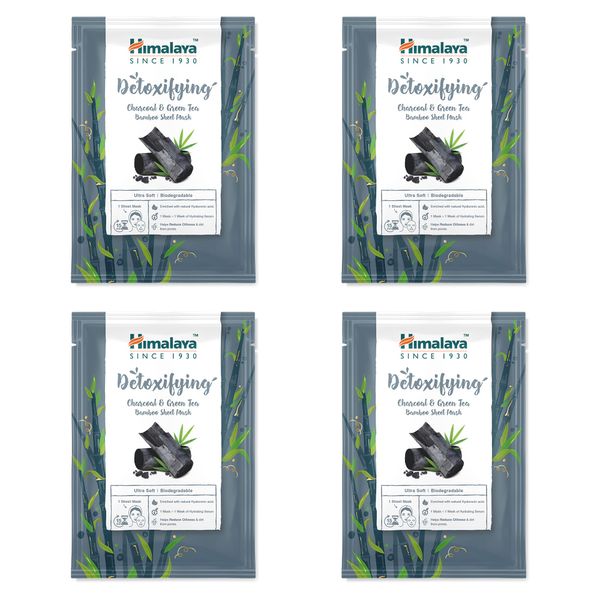 Himalaya Detoxifying Charcoal and Green Tea Face Sheet Masks, Single Use Cotton Facial Sheet Masks to Detoxify and Revitalize Skin | with Hyaluronic Acid for Intense Hydration, Count of 4