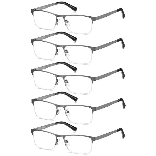 EYECEDAR 5-Pack Reading Glasses for Men Metal Gunmetal Half Frame Spring Hinges Eyeglasses Readers 2.00