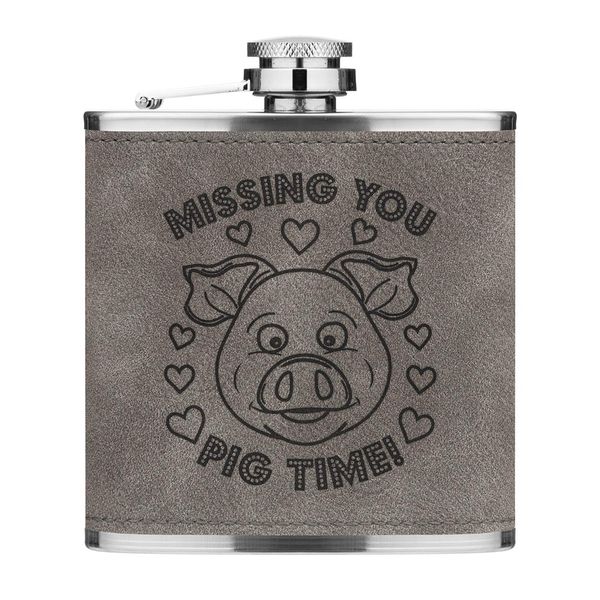 Missing You Pig Time 6oz PU Leather Hip Flask Grey Luxe