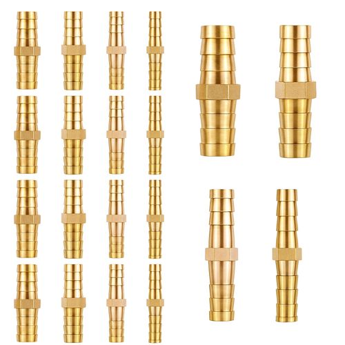 20PCS Brass Hose Barb Fitting, 1/4" 5/16" 3/8" 1/2" (6mm/8mm/10mm/12mm) Hose Mender, Hose Barb Splicer Mender for Air Fuel Water Oil Hose