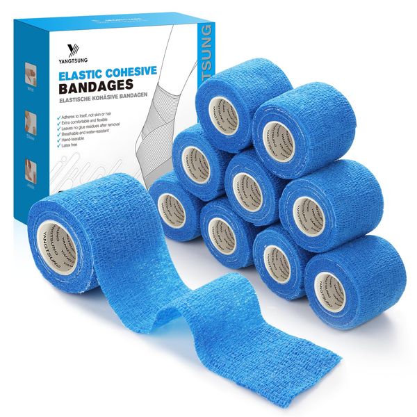 YANGTSUNG 9 Rolls of Self-Adhesive Elastic Bandage, 5cm x 4.5m Reusable Cohesive Bandage, Breathable, Waterproof Sports Strapping Tape for Wrist, Ankle, Pet Bandage Tape for Dogs & Horses, Blue