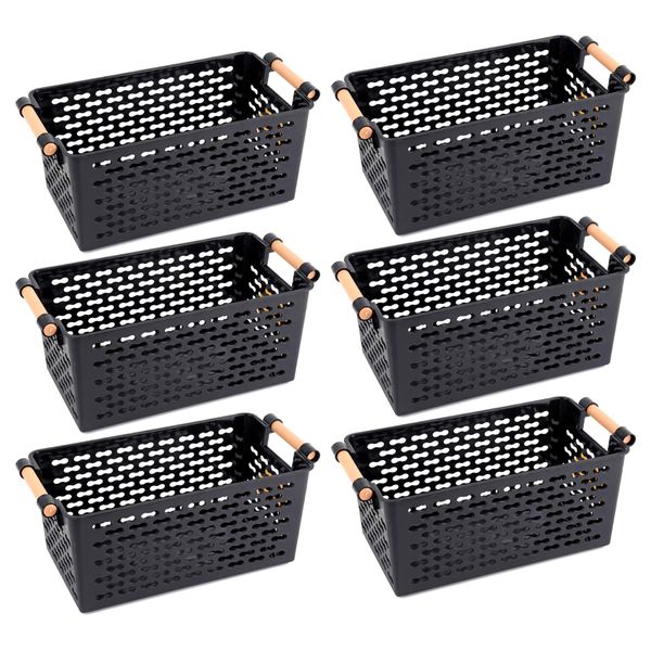 Yesland 6 Pack Plastic Storage Basket, Black Basket Organizer Bin with Handles for Home Office Closet, 6 x 12 x 5 Inches