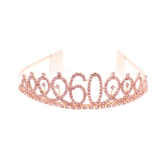 Minkissy Birthday Crown 60th Rhinestone Birthday Tiara with Comb Crystal Princess Tiara Headband for Birthday Party(Rose Gold)