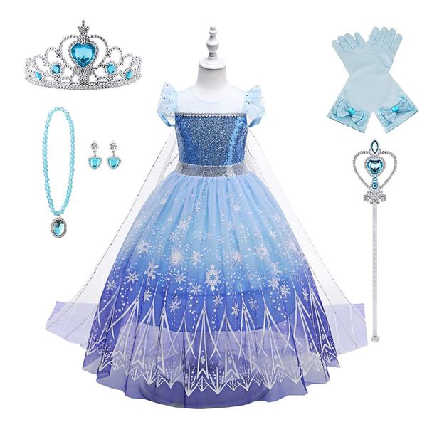 Frozen Elsa Dress, Princess, Costume, Cosplay, Halloween, Christmas, Birthday, Halloween, Recitals, Theme Parks, Graduations, School Entrance Celebration, Parties (Crown + Children's Dress + Jewelry + Magic Wand + Gloves)