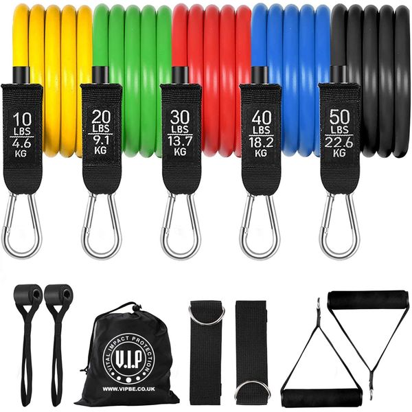 VIP Exercise Resistance Bands Set Up to 150 lbs, Stretch with 5 Tubes for Weight, Workout, Anti-Snap, Handle Door Anchor, Leg Ankle Straps, VIP10020, Multi-coloured