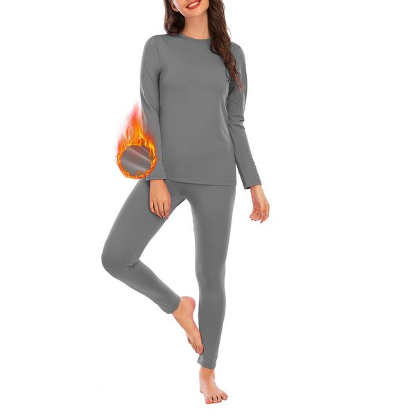 Womens Thermal Underwear Set Long Johns Base Layer Fleece Lined Top and Bottom Thermals Sets Loungewear Gray Medium