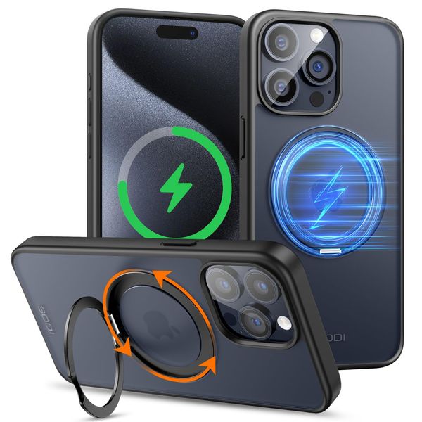 SODI Hülle für iPhone 15 Pro Hülle Stoßfest Handyhülle für MagSafe 15 Pro Phone Case Kratzfeste Schutzhülle Matt Schwarz Handy hülle (starker Magnet, unsichtbarer 360° Ring Ständer, Militärschutz)