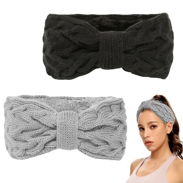 Roysmart Stirnband Damen Winter, 2 Stück Stirnbänder Strick, Winter Gefüttert Fleece Haarband, Elastische Kopfband Gestrickte Headband Frauen Haarreifen Strick Headwrap (Schwarz + Grau)