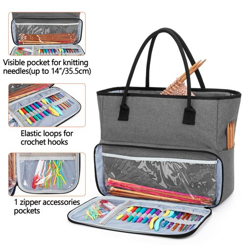Yarwo Knitting Crochet Bag, Yarn Storage Tote Bag for WIP Projects, Yarn Skeins, Crochet Hooks and Knitting needles, Gray (Bag Only, Patent Pending)