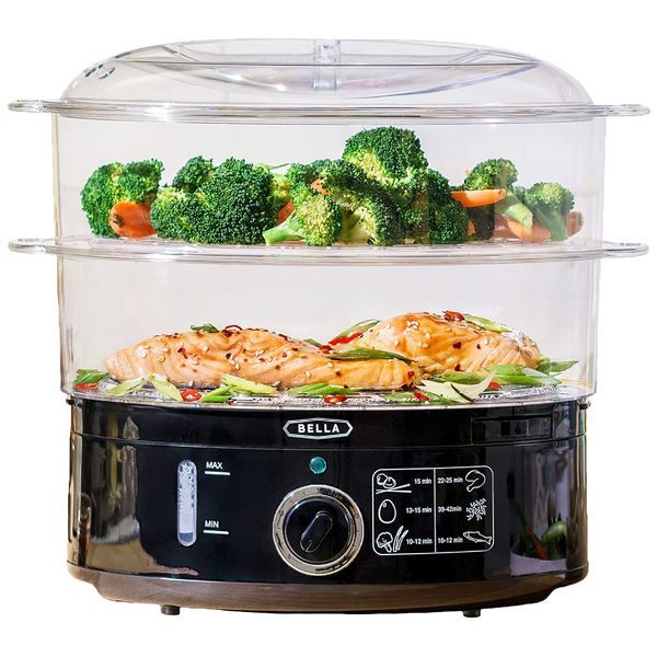 BELLA Two Tier Food Steamer with Dishwasher Safe Lids and Stackable Baskets & Removable Base for Fast Simultaneous Cooking - Auto Shutoff & Boil Dry Protection, 7.4 QT, Black