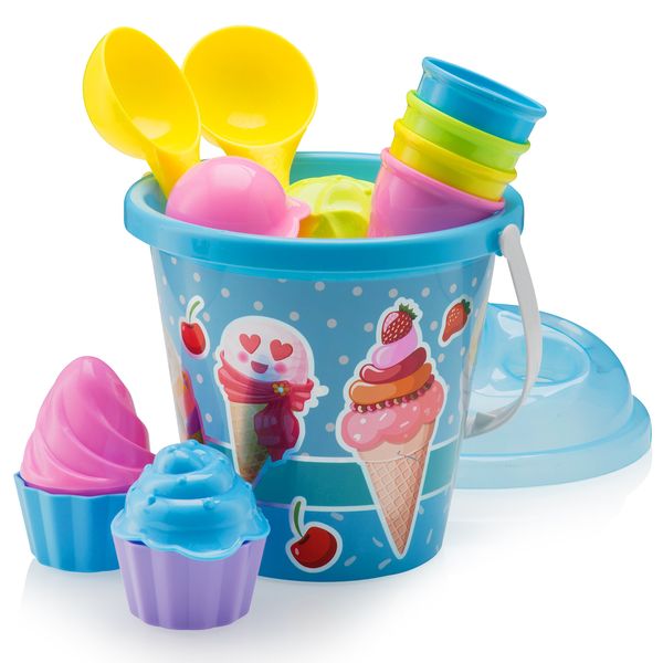 Top Race Kids Beach Toys Set with Bucket Pail and Spade Scoop - 16pcs Ice Cream Blue Sand Playset for Kids & Toddlers Ages 1.5,2,3,4,5,6,7,8,9