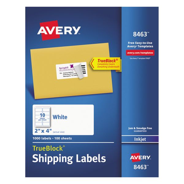 Avery Printable Shipping Labels with Sure Feed, 2" x 4", White, 1,000 Blank Mailing Labels (8463)