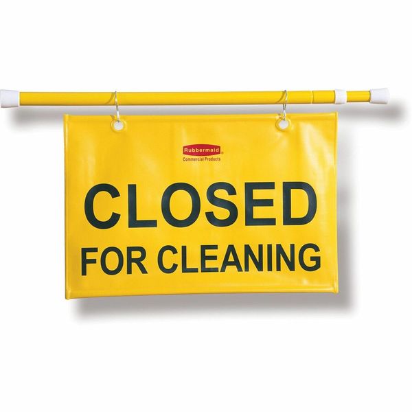 Rubbermaid Commercial Extend-to-Fit "Closed For Cleaning" Hanging Doorway Safety Sign, Yellow (FG9S1500YEL),10x2 inches