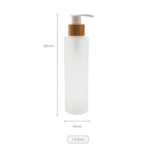 150ML (5 oz) Transparent Frosted Glass Pump Bottle with Bamboo Screw Pump Head Soap Dispenser Storage Containers for Shampoo Body Wash Bath Gel Toner Lotion Cream Cosmetic Essence