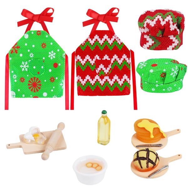 DIYASY Christmas Elf Outfit Accessories, Mini Elf Clothes Kit Xmas Doll Baker Props Set Apron Hats Rolling Pin Egg Cookie Tray Mixing Bowl Xmas DIY Craft Gift for Kids