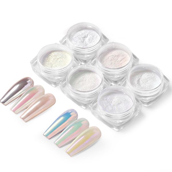 GZSYY Chrome Nail Powder Weiße Perle Chrom Nagelpuder Glitzerpuder 6PCS Aurora Ice Shimmer Chrome Pigment Pulver