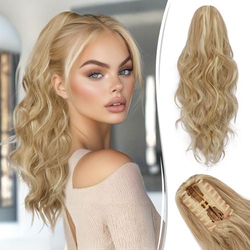 RUWISS Ponytail Hairpiece with Clip, 45 cm Wavy Claw Clip-In Ponytail Hair Extensions Long Synthetic Curly Ponytail Extension for Women, Dark Ash Blonde Mixed Bleach Blonde
