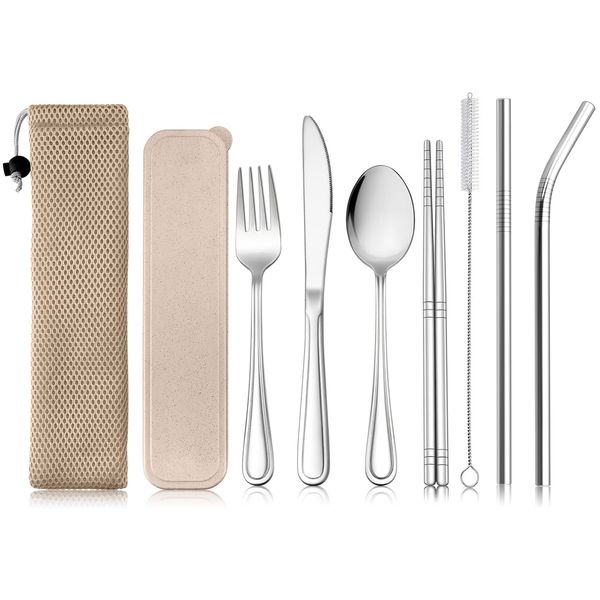 HaWare 9 Piece Travel Portable Cutlery Set, Stainless Steel Compact Flatware Set for 1, Knife, Fork, Spoon, Chopsticks, Cleaning Brush, Straws, Portable Case & Bag, Portable & Reusable(Wheat)