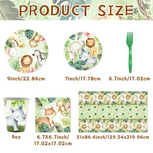 101pcs Jungle Animals Party Supplies Birthday Decorations Tableware Set Disposable Paper Plates, Napkins, Cups, Cutlery, Tablecloth, For Jungle Animals Theme Birthday Decorations
