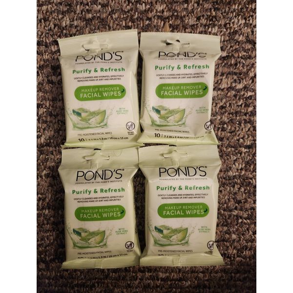 (4x) Pond's Purify And Refresh Makeup Remover Facial Wipes Aloe Vera Ponds 10ct