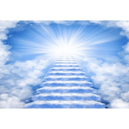 DORCEV 5x3ft Heaven Backdrop - Stairs to Heaven Paradise God Bless Banner - Holy Light Blue Sky Clouds Church Events Memory Backdrop - Rest in Peace