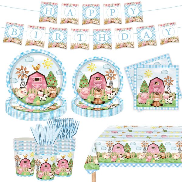 122PCS Farm Animal Party Supplies for Boys Baby Shower Party Blue Barn Animal Theme Birthday Decorations Barnyard Tableware Set Plate Napkins Forks Dinnerware for 20 Guests