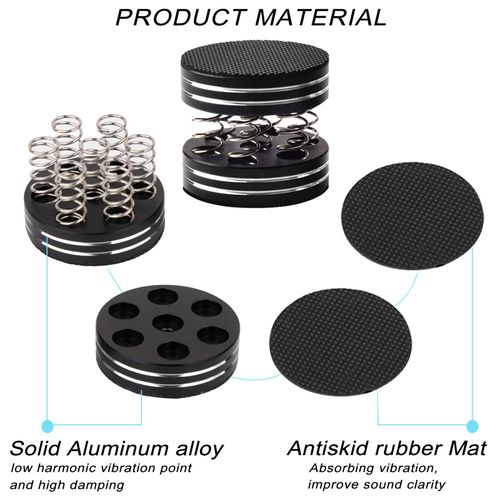 Audio Isolation Plaform Pads Feet Stand Spikes for Record Players/Subwoofer/Turntable/Amplifier/Speaker/Recorder (Solid Aluminum Alloy+Rubber mat +Spring, 44x40mm Black,4-Pack) (Black)