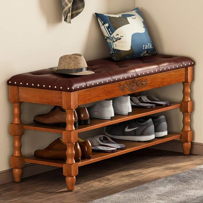 Tribesigns  Solid Wood Storage Bench Entryway with Lift Top, 2-Tier Vintage Style Shoe Rack with Tufted Leather Accents