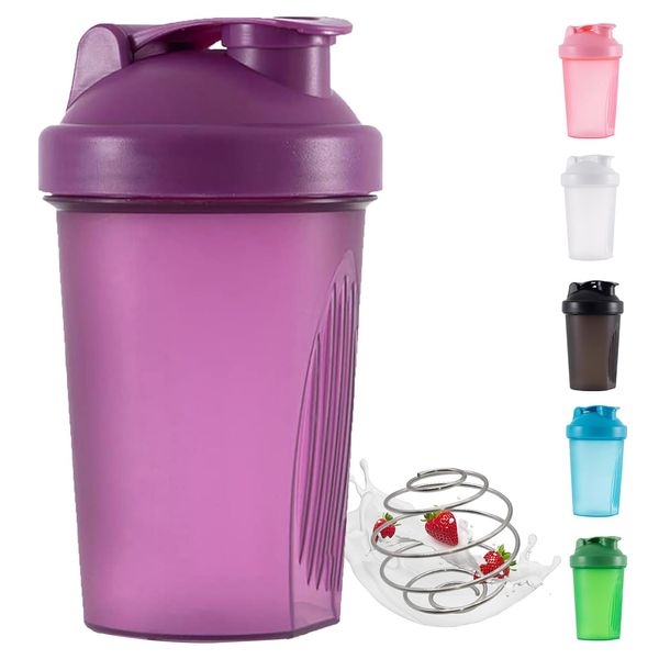 KISUOMAOYI Protein Shaker Bottle with Stainless Steel Mixing Ball, Workout Water Bottle with Non-Leak Flip Lid 400ml for Fitness Sports Gym Supplement Drinks Bottles, Capacity for Smooth Shakes(Purple