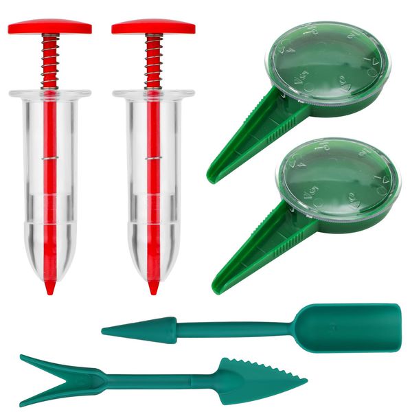 6pcs Seed Spreader Tool Set, Including 2 Small Seed Planter Sower Handheld Plastic 2 Mini Sowing Seed Dispenser 2 Tiny Seedlings Dibber and Widger Tool for Planting Gardening Vegetables Flowers