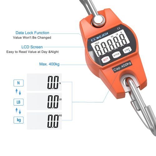 Hanging Scale Handheld 880lb/400kg Crane Scale Luggage Scale,with ABS Plastic case & Big LCD Display, Portable Digital Mini Crane Scale Fishing Scale，for Gym,Hunting,Travelling,Farming（Orange）