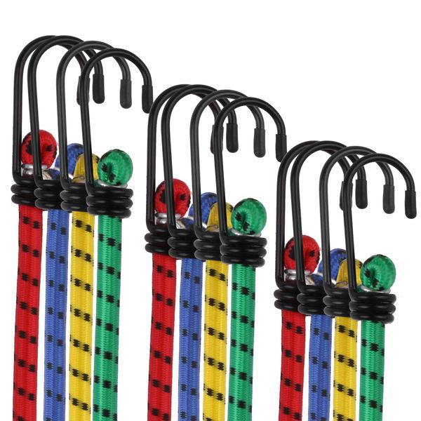 Basic Bungee Strap 12 Bungee Cords with Hooks, Elastic Straps UV-Resistant for Securing Gardening, Tent,Luggage