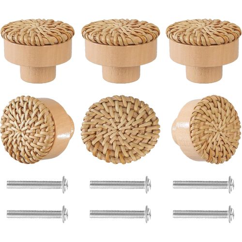 Wcatea 6 Pack Boho Rattan Dresser Knobs - Durable Beech Wooden Drawer Knobs, Handmade Rattan Wood Pulls, with Screws, Wicker Woven Knobs for Cabinets, Furniture