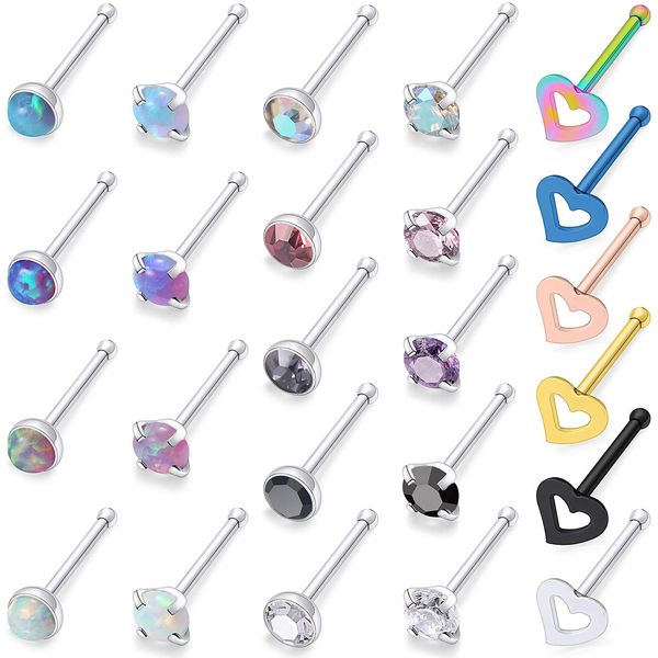 Cisyozi 18G Nose Rings Stud Piercings Jewelry for Women Stainless Surgical Steel Nose Stud 18 Gauge Opal Straight Heart Nose Nostril Ring Stud Pin Bone Piercing Jewelry Women Men Diamond 2MM 7MM