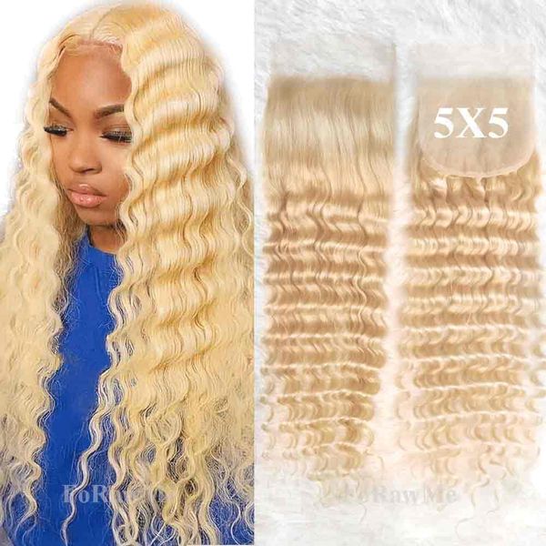 Forawme Bleached Knots 613 5X5 Lace Closures Human Hair 100 Real Brazilian Deep Wavy Hair Pieces 18 Inch Pre Plucked Blonde Transparent Lace Closures With Natural Hairline