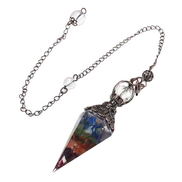 TOFBS Chakra Harz Edelstein Pendel Farbverlauf Heilsteine Pendulum Blume wire wrap Pendel Anhänger mit Kette für Reiki Heilung Dowsing Scrying Balance Meditation Armband (Chakra)