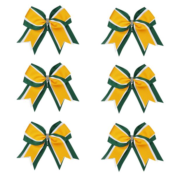 8 Inch 3 Colors 3 Layers 6 Pcs Cheerleader Bows Jumbo Cheerleading Bows Hair Elastic Hair Tie for High School College (Forest green/White/Yellow gold)