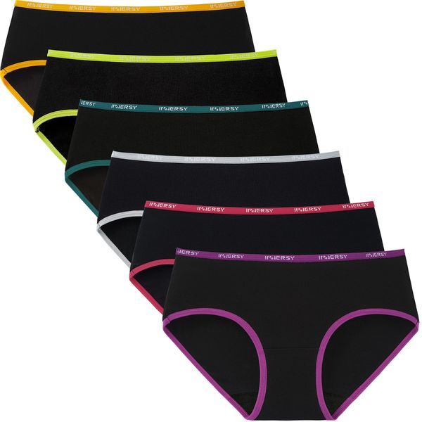 INNERSY Women's Sporty Hipster Panties Cotton Underwear Multicolored 6-Pack (Colorful Black,Medium)