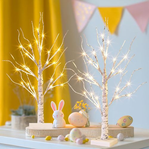 EAMBRITE Lighted Birch Tree Easter Decorations for Home, Christmas Decorations Indoor, 2Pack 24 LED Battery Operated/USB Tabletop Mini Artificial White Trees with Lights for Table Spring Mantel (2FT)