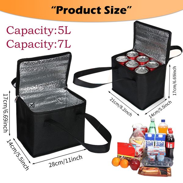 2 pack small Food Cooler Bag, 5L/7L thermal insulation picnic bag, Portable Delivery Bag with Zipper, Great Cooler Bag for Picnic, Travel, Food Delivery(Black)