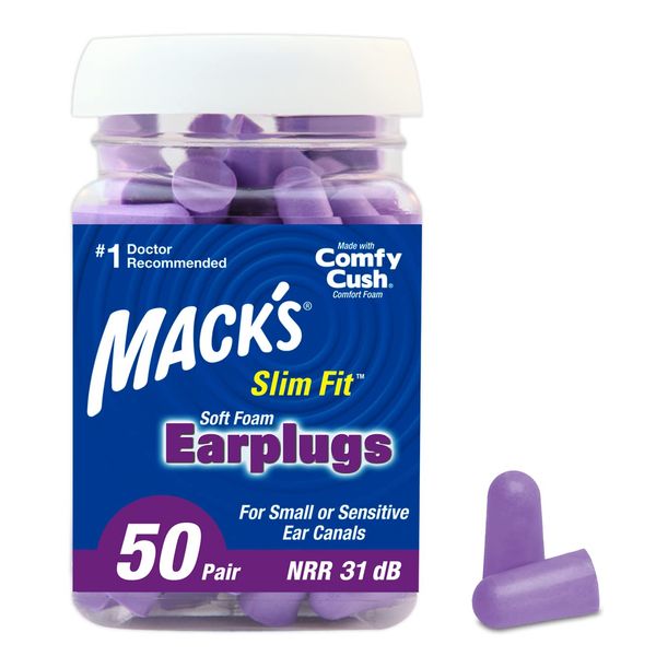 Mack's Slim Fit Soft Foam Earplugs, 50 Pair - Small Ear Plugs for Sleeping, Snoring, Traveling, Concerts, Shooting Sports & Power Tools