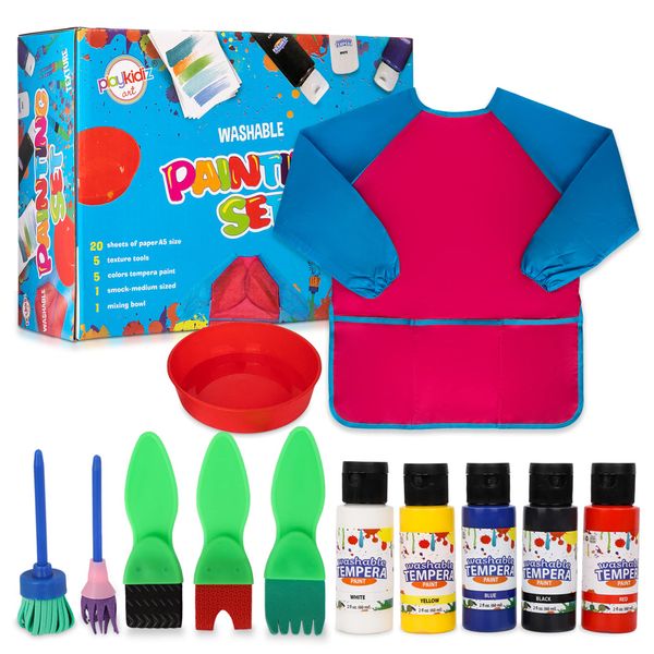 Playkidiz Washable Kids Paint Set, 32 Piece Complete Paint Set for Kids, Includes Washable Paint, Painting Sponges, Smock and Mixing Bowl.