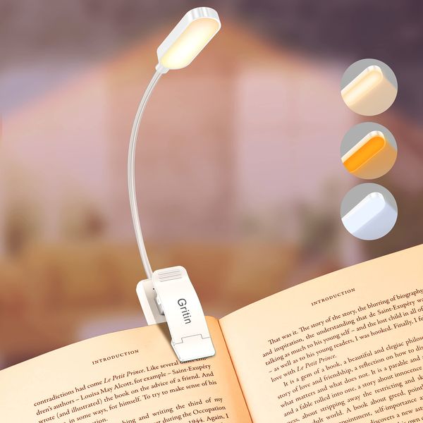 Gritin 16 LED Rechargeable Book Light for Reading in Bed - Eye Caring 3 Color Temperatures, Stepless Dimming Brightness,80Hrs Runtime,Lightweight Flexible Clip On Book Light for Book Lovers,Kids-White