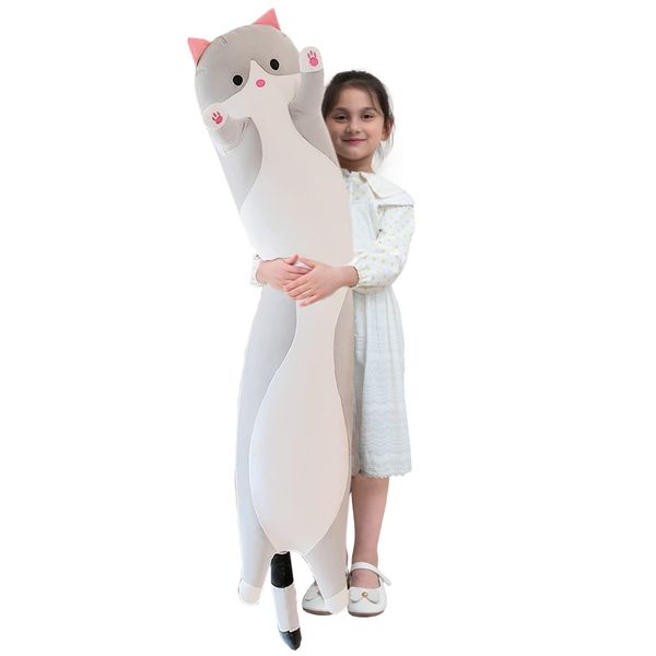 Giant Cat Pillow Plush Cartoon Kitty Sleeping Hugging Pillow, Cuddly Soft Long Kitten Body Pillow Doll Cat Cushion Toy for Kids Girlfriend (Gray, 90cm/35.4inch)