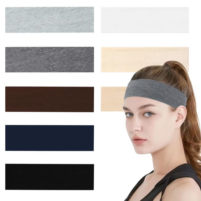 Tihebax 8 Pack Stretchy Headbands for Women, Cotton Headbands for Women Soft Sweat Headbands Wide Workout Cloth Headband for Women Neutral Sports Gym Headbands for Women’s Hair Black Gray Headbands